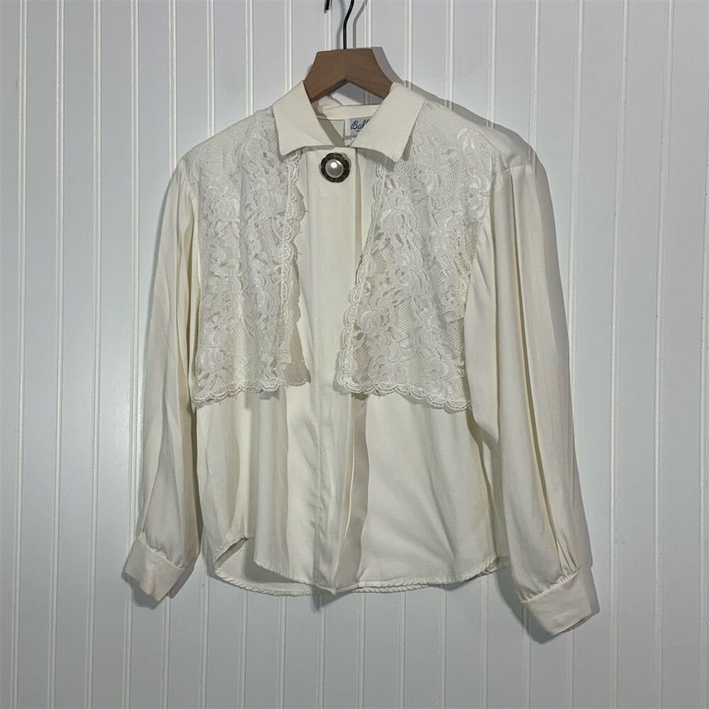 Vintage Ballet New York Lace Bib Blouse M USA Cottagecore Victorian Pearl Button